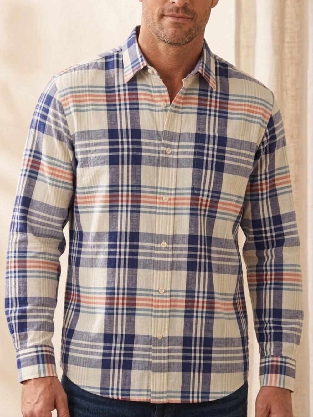 Tommy Bahama Men's Large Plaid Shirt Cotton Long Sleeve Blue Cream Button Up